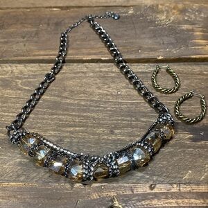 Vera Wang Gunmetal Necklace with Champagne Stones & Rhinestones & Hoop Earrings